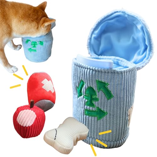 Pawfoo Lab Squeaky Dog Toy, Interactive Plush Hide & Seek Puzzle Toys for Small Medium Large Dogs – Treat Dispenser 4-in-1 Durable Chew Toy, Dog Birthday for Dog Gifts (Trash Can)