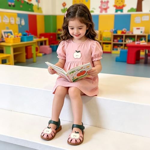 Image of Toddler Girl Sandals with Flower, Breathable Leather kids Closed Toe Sandals, Soft Rubber Non-Slip Summer Shoes for Little Girls 2-7 Years