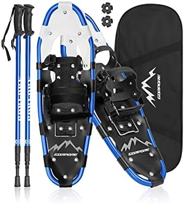 GORPORE Snowshoes for Women Men Youth, 21/25/30 Inches Lightweight Aluminum Alloy All Terrain Snowshoes for Hiking, Heel Lift Riser for Mountaineering with Double-Ratchet Binding & Carrying Tote Bag