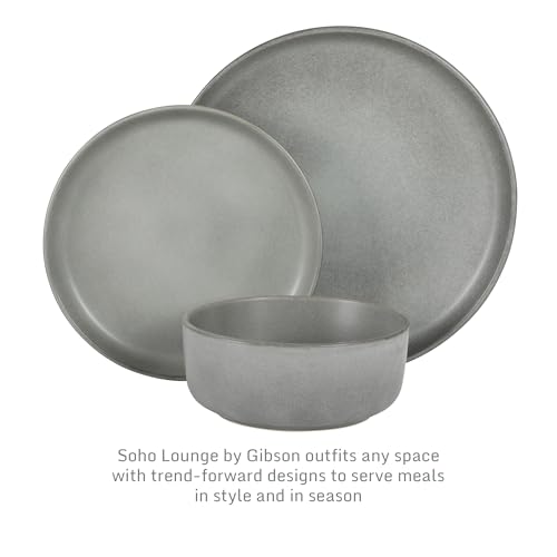 Image of Gibson Elite Pasco 12 Piece (Service for 4) Plates and Bowls Reactive Glaze Dishes Stoneware Ceramic Dinnerware Set - Grey