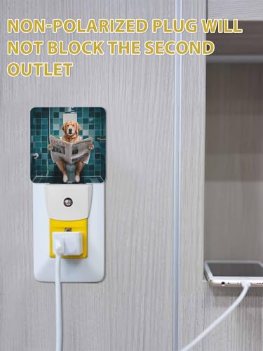 Image of Night Light Plug in LED Lamp Automatic Sensor Night Lights Plug into Wall Funny Dog Golden Retriever Sitting on The Toilet Reading Newspaper Bathroom Bedroom Hallway Bright Decor Dim Night-Lights
