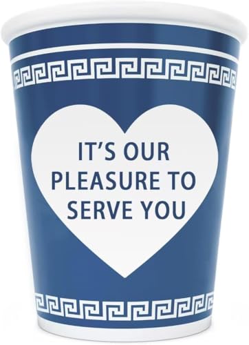 New York Ceramic Coffee Cup with Heart Pattern, Blue and White, 8 Ounces, It's Our Pleasure to Serve You Design