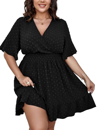 SCOMCHIC Plus Size Casual Summer Dress for Women Swiss Dot Wrap V Neck Ruffle Sleeve Smock Boho Mini Dress