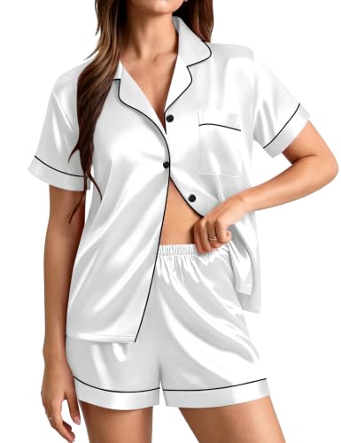 Image of SWOMOG Womens Silk Satin Pajamas Set Short Sleeve Sleepwear Button Down Top and Shorts Loungewear 2 Piece Pjs Set XS-3XL