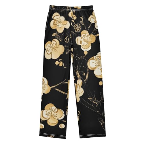 Golden Plum Flowers Boys Long Pants Soft Trousers Elastic Waist Kids Lounge Bottoms with Pockets S-XL