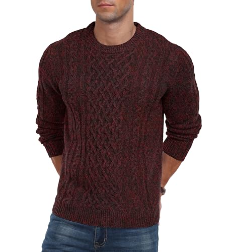 Hisir Men's Cable Knit Jumpers Casual Crew Neck Winter Thick Warm Long Sleeve Pullover Sweater for Men UK (Wine Red, L)