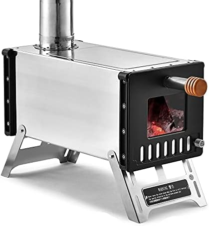 SHUAIGUO Stainless Steel Tent Wood Stove with Chimney Pipes Portable Camping Wood Burning Stove for Camping Heating Cooking, Silver