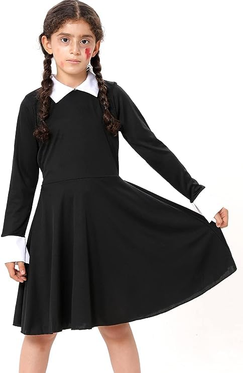 Image of FancyDressWale Wednesday Addams Costume Girls Peter Pan Collar Dress Long Sleeve Halloween Addams Family Costume Black dress Outfit