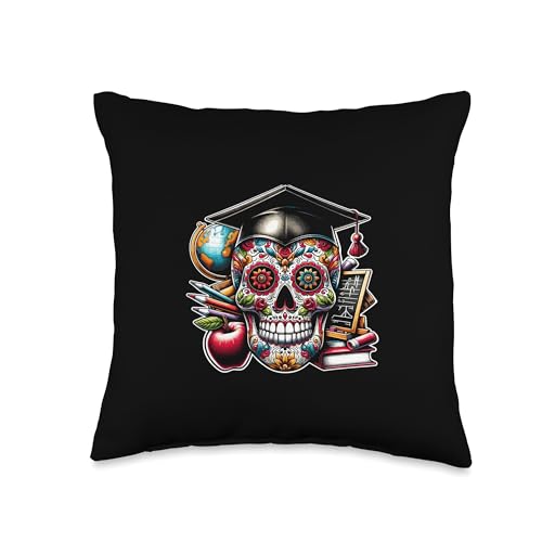 Image of Mexican Teacher School for De Los Muertos Sugar Skull Teacher School Day of The Dead USA Mexico Lovers Throw Pillow, 16x16, Multicolor