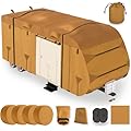 Lanceton 27-30ft Travel Trailer Camper RV Cover Package Premium Heavy-Duty Waterproof Anti-UV Breathable Fabric Including Jack Cover 4 Tire Covers and 2 Secure Straps