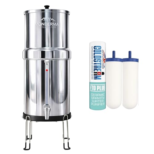 Monderma Water Filters Travel 5.6L - système de Filtration d'eau avec 2 Cartouches filtrantes FTO+ Coldstream, Inclus Robinet avec Vue et Base de rehaussement en INOX 304