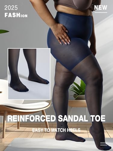 Image of MERYLURE Plus Size Sheer Tights for Women,20D Control Top Pantyhose Reinforced Toes High Waist Stockings 3 Pairs 1XL-6XL