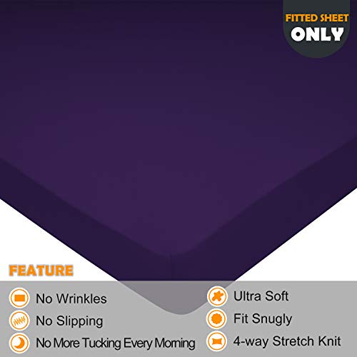 Image of King Size Fitted Sheet Only - 4-Way Stretch Knit, Snug Fit, Wrinkle Free & Stay in Place, No More Slipping Off for Mattress, Soft & Comfortable - Purple, King