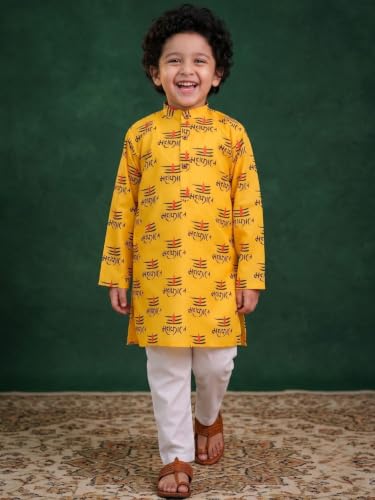 Image of AJ DEZINES Boys Cotton Full Sleeve Letter Printed Kurta Pajama Set for Kids - Ethnic wear | Special Occasion & Traditional Outfit |Boys Kurta Set - Regular Fit