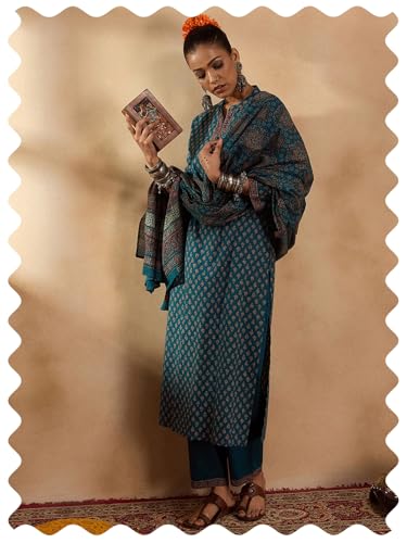 Image of INDO ERA Women's Pure Cotton Printed Straight Kurta & Pant With Dupatta Set
