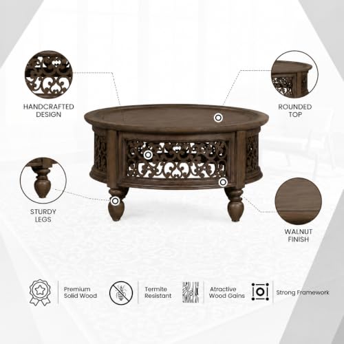 Image of Wooden Carved Coffee Table for Living Room | Center Table for Living Room Furniture | Solid Wood Round Tea Table for Home | Durable & Stylish Coffee Table for Home, Bedroom & Office (Walnut)