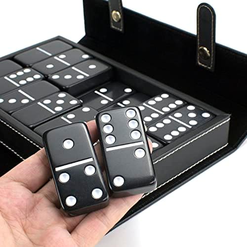 Bucher&Rossini Domino Set Double 6 - Classic 28 Pieces Double 6 in Brown Leather Case for Party Game Night, White
