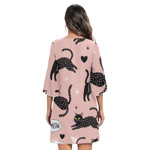 Robe d'été swing originale imprimé chats noirs et manches 3/4