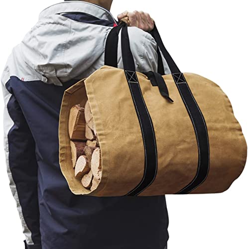 Eletecpro Firewood Carrier 39X18 Inch Durable Waxed Canvas Log Carrier Heavy Duty, Fire Place Sturdy Wood Carring Bag With Handles Security Strap For Camping Indoor (Khaki) #TOP6