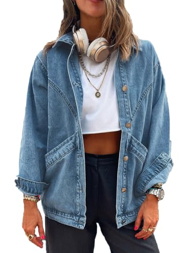 MJFCS YAENH Women's Casual Oversized Button Up Denim Jackets Shacket Long Sleeve Pockets Denim Jean Jacket with Huge Pockets(Blue,L)