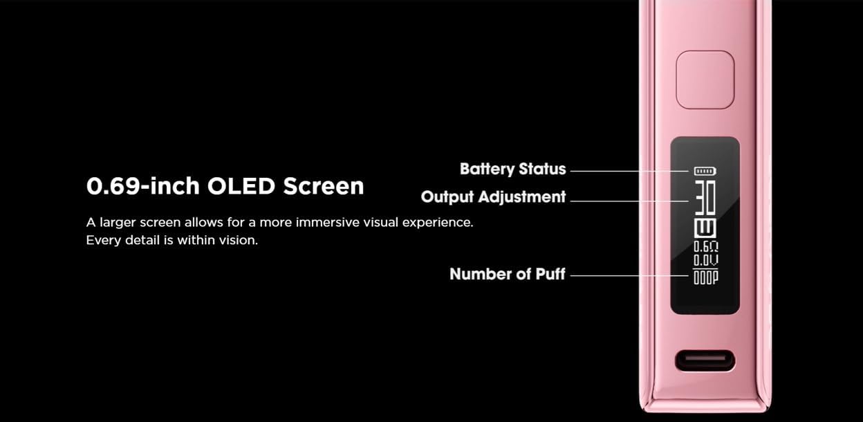 GEEK VAPE Soul AIO Pod System showing its 0.69-inch OLED screen with battery status, output adjustment, and puff count