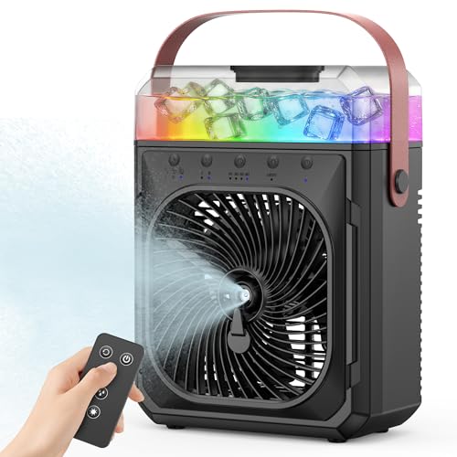 Rechargeable Misting Fan PortableMax 40H Runtime Desk Cooling Air Conditioner Fan 5 Drop Water Spray Mister Fan & 2 Spray Modes Battery Powered Operated Bedroom Fan & Lights Remote Control Black