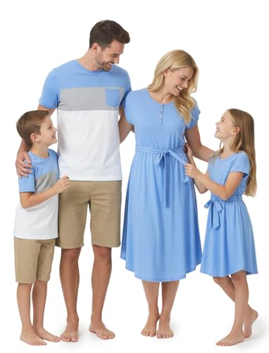 Image of PATPAT Family Matching Outfits Mommy and Me Dresses Floral Dress & Tee Sets | Couples Matching Outfits, Beach Vacation, Family Photoshoot, Drop Shoulder Design Dress, Cotton Blend T-shirts
