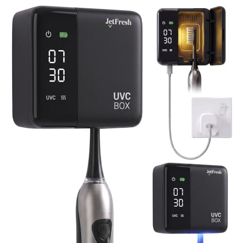 Image of Jetfresh UV Toothbrush Sanitizer Holder & Cleaner with LED Clock Display & Hot Air Drying - Wall-Mounted UV Tooth Brush Holder for Bathroom, Travel, Rechargeable Portable Design, Fits All Brushes