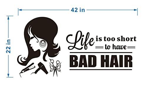 Uilmniy Hair Beauty Salon Wall Decal Vinyl Haircut Hairdressing Decor Sticker For Barber Shop Art Quotes Life Is Too Short To Have Bad Hair Removable Hairstyle Wall Stickers Wallpaper Afn15 (Black) #TOP7