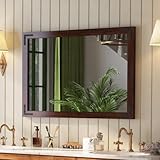 VocalStar Rustic Wood Framed Mirror 28 x 40 Inch, Natural Dark Brown Wooden Rectangle Bathroom Vanity Wall Mirror for Farmhouse Boho Decor, 1/4-inch Shatterproof Glass | Waterproof