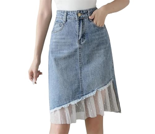 Womens Elegant High Waist Denim Skirt with Lace Patchwork Detail Casual Jean Skirt