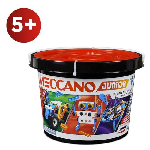 BANDAI - Meccano Junior Fass 150 Teile - Konstruktionsset 5 Modelle, 2 Werkzeuge, Anleitung, Aufbewahrungseimer - Aktivitäts-Kit Zusammenbau Spielzeuge & Fahrzeuge - Spielzeug ab 5 Jahren - APM19103