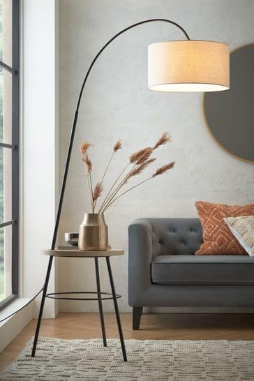 Image of Modern Floor Lamp with Side Table, Globe Glass Shade, Black Metal Stand, Living Room Reading Light (Mid Century Modern)