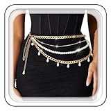 Asooll Layered Pearl Waist Belt Gold Beaded Tassel Belly Body Chains Rave Party Adjustable Body Accessories for Women (SET A, free size)