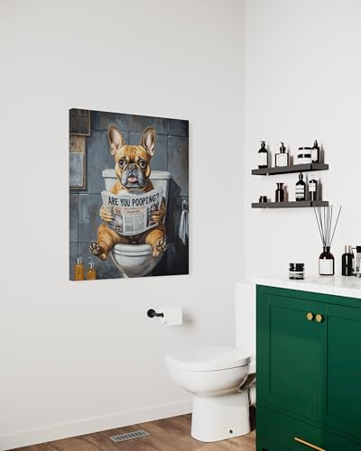 Image of French Bulldog on Toilet Wall Art Print Canvas Wrapped, Dog Bathroom Humor Decor Posters Prints for Restroom Home Picture Painting Artwork Gallery 7 (French Bulldog, 20 inchL x 16 inchW CANVAS, Wrapped Canvas)
