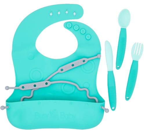 Image of BUSY BABY Bungee Bib & Utensil Set – Adjustable Silicone Bib with Pocket & Tethered Utensils for Babies & Toddlers