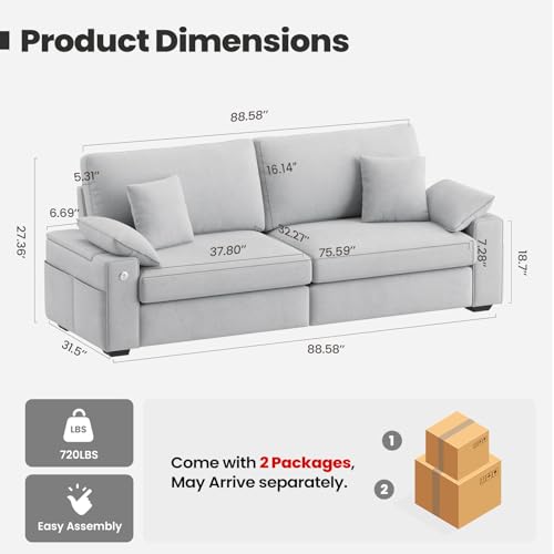 Image of 89 inch Modern Sofas for Living Room, Comfy Sofa with Deep Seat Couch, USB /Type-C Port, Side Storage, Removable Cover, Couches for Living Room, Apartment, Light Grey