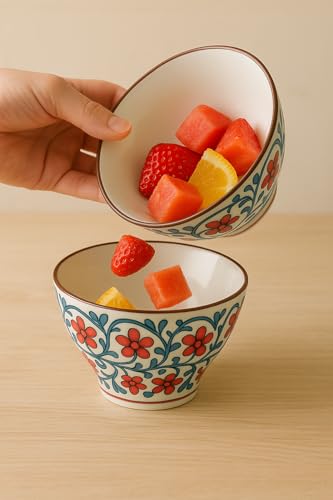 Image of YELONA Japanese Style Ceramic Bowls - 4.8 Inch (300ml), Set of 2 - Floral Design Rice /Noodle Bowls - Microwave & Dishwasher Safe, Ideal for Gifting Choice