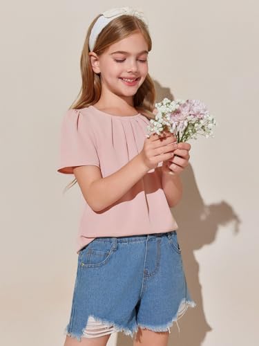 Girls Shirts Summer Short Sleeve Cute Tops Chiffon Pleated Blouses 5-14 Years3