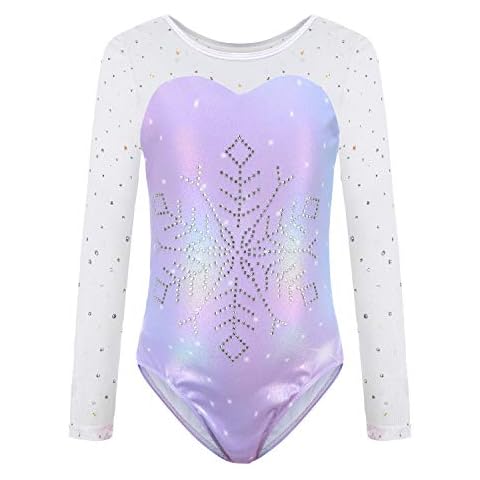 Sinoeem Gymnastics Leotards for Girls Long Sleeve Diamond Splice Tank Leotard Dress Gradient Color Sparkle Dancing Ballet Leotard Athletic Dancewea (Purple-long sleeved, 5-6 year) Cover