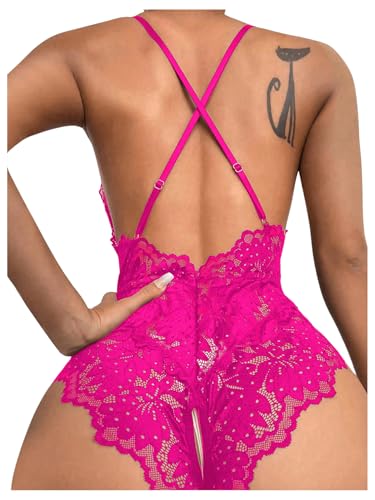 Image of SOLY HUX Women's One Piece Lingerie Sexy Lace Babydoll Deep V Teddy Criss Cross Backless Teddy Mini Bodysuit