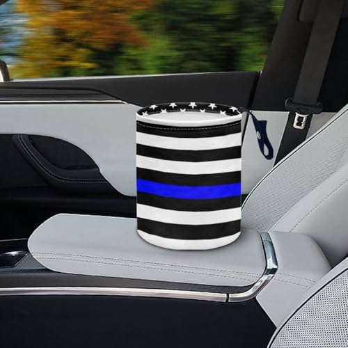 USA Thin Blue Line Flag Car Trash Can – Adjustable Strap, Waterproof, Foldable, Portable – Durable Polyester, Space-Saving, Ideal for Cars, Trucks, SUVs, Offices, Law Enforcement Support