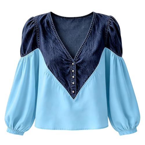 Western Tops for Women V Neck Puff Long Sleeve Button Down Denim Shirt - image 5
