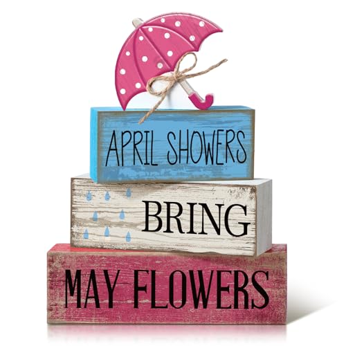 Image of Moucuny 4 Pcs Spring Summer Decorations for Home Wooden Umbrella Tiered Tray Decorations Summer Centerpieces for Tables Farmhouse Decorative Umbrella Faux Stack Block Sign for Home Shelf Decor