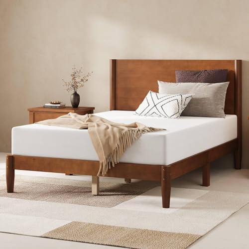 Image of AMERLIFE Solid Wood Full Bed Frame, Mid Century Bed with Headboard, Brown