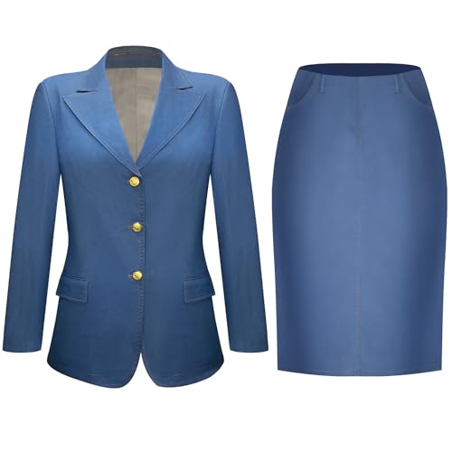 Women’s Blue Denim Skirt Suit 2 Piece Single Breasted Blazer Vintage Casual Lady Suit Sets