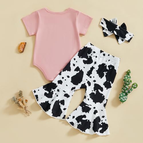 Kayotuas Western Baby Girl Clothes Summer Cowgirl Outfit Short Sleeve Romper Bow Boots Cow Print Flared Bell Bottom Pants Set4