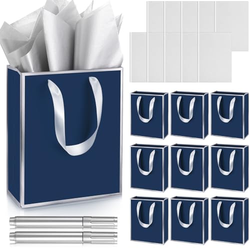 Yeaqee 10 Pack Paper Gift Bags with Handle Tissue Paper, Navy Blue, Silver