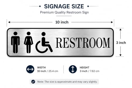 Image of Premium Brushed Silver Acrylic Unisex Restroom Door Sign 10 x 3 Inch | Self-Adhesive Washroom Signage for Hotel, Office, Corporate, Business, Resort, Society, Hospital & Commercial Spaces