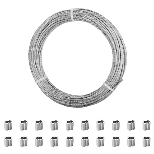 ANOMM 20m x 2mm Garden Wire Rope Stainless Steel Cable Rope with 20 PCS Aluminum Crimp Sleeves 7x7 Strand Wire Ropes Steel Cable for Garden Climbing Plants Hanging Paintings and Outdoor Garden Use